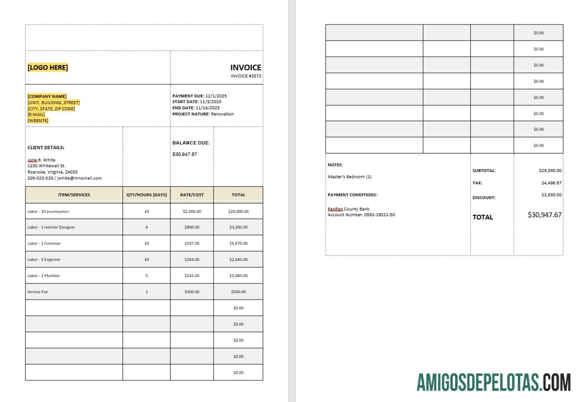 realista Modelo de fatura de cálculo de imposto sobre serviços